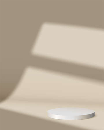 Stage for product display. Spot of light from window on background. White marble podium on floor. Shadow overlay effect. Vector 3d illustration.のイラスト素材
