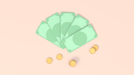 Top down view to cash of money on beige background. Banknotes and coins as currency symbols. 3d...