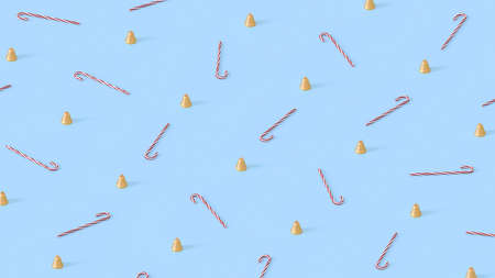 Pattern for Christmas and New Year holidays. Candy cane and golden bell on blue background.