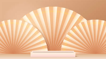 Studio for cosmetic product display. Background in origami style. Fans on backdrop. Skin color. Monochrome theme. 3d vector illustrationのイラスト素材