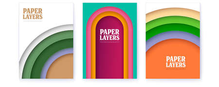 Multi layered paper cut cover. Set of posters. Abstract background. Vector 3d illustration.のイラスト素材