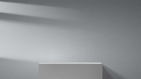 Grayscale studio background with light from window. Podium in center of studio for product...