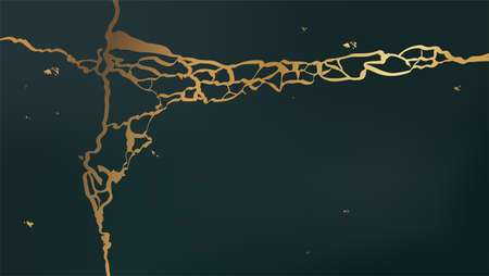 Golden kintsugi cracks pattern. Green color background. Broken stone effect. Vector illustration.のイラスト素材