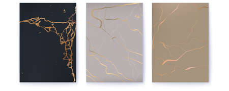 Cover design. Marble texture backgrounds. Golden cracks. Kintsugi style. Vector illustration. Stone effect.のイラスト素材
