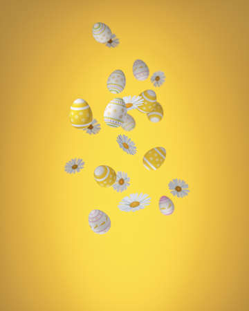 Abstract pattern from flying Easter eggs and chamomile buds. Egg shells painted with spring...