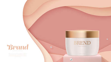 Jar of cosmetic cream ads banner. Layered paper background in paper cut style. Template for branding. Vector 3D illustrationのイラスト素材