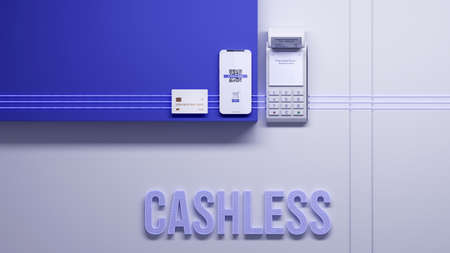 Cashless society. Payment terminal, credit card and smartphone linked with digital wireless. Global...