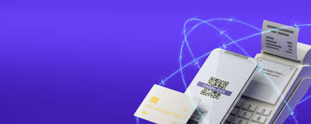 Gadgets in global networks. Credit card with chip. POS terminal with receipt. Smartphone with QR code on screen. Digital wireless data transfer. Cashless society concept. 3d render illustrationの写真素材