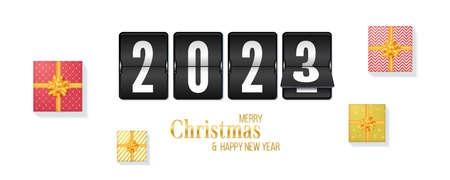 Christmas and New 2023 eve. Mechanical countdown clock with numbers 2023. Minimalistic New year banner with gift boxes. Vector 3D illustration.のイラスト素材