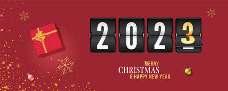 Christmas and New 2023 eve. Mechanical countdown clock with numbers 2023. Minimalistic New year...