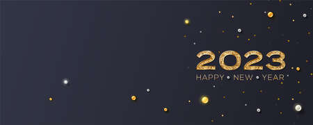 Golden glittering numbers 2023. Banner with glittering particles and pearls. Template for Christmas...