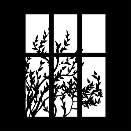 Silhouette of window and brunch of bushes on white. Gobo mask.のイラスト素材