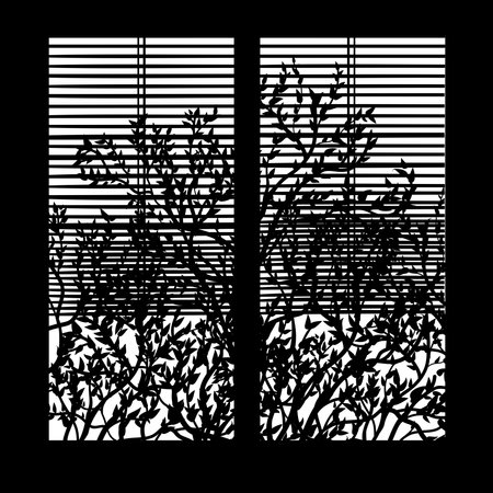 Silhouette of window and branches with leafs on black. Blinds lowered to the middle.のイラスト素材