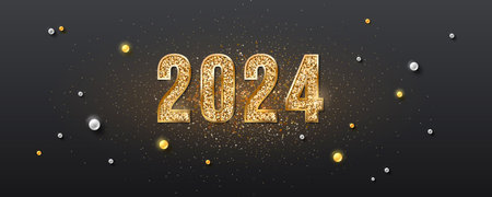 Happy New Year 2024. Gold numbers with glitter