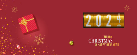 Happy New Year 2024. Golden analog countdown on red backgroundのイラスト素材