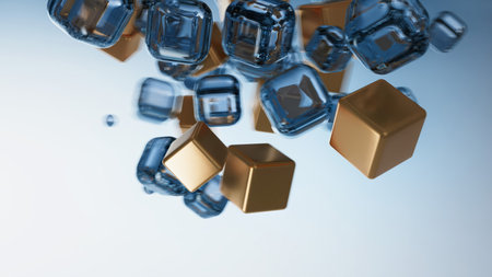 Cubes from glass and gold. Modern style. Soft focus. Bokeh effect. Abstract blurred backgroundの写真素材
