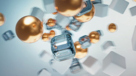 Abstract composition. Flying cubes and gold spheres. Soft focus. Blurred background