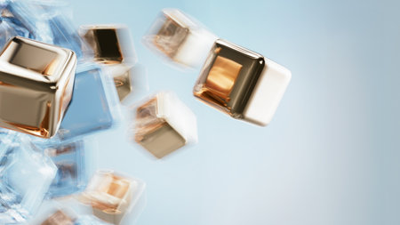 Forward moving cubes. Dynamic composition with bokeh blur effect. Technology style. Abstract modern defocused backgroundの写真素材