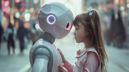 A girl and a robot explore the city, building a bond and curiosity for advanced technologyの素材