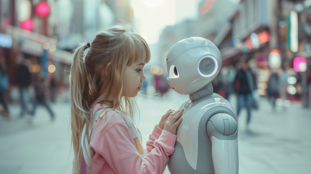 Child in city interacts with futuristic robot, showing tech progress and childhood innocenceの素材
