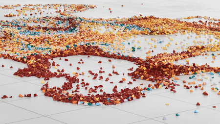 Colorful plastic granules forming abstract linear structure on neutral grid.
