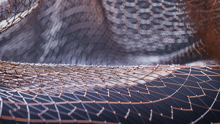 3D render of complex wireframe structure with glowing orange and blue highlights