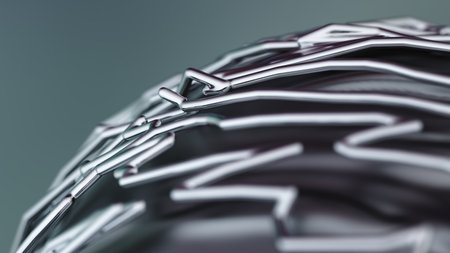 Abstract chrome structure made of sharp geometric lines and reflective surfacesの写真素材