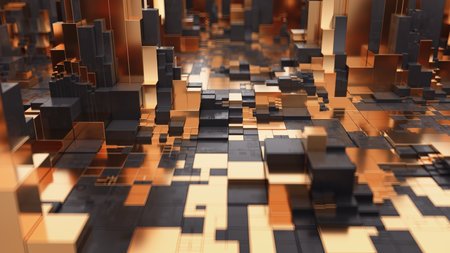 3D visualization of a futuristic city made of golden and black cubesの写真素材