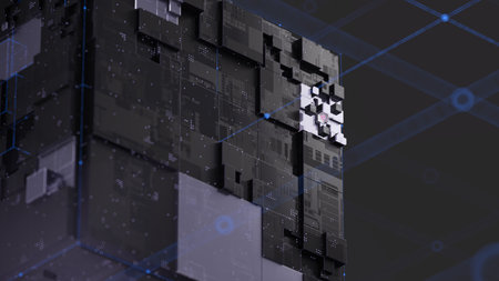 Complex 3D structure with interconnected blocks, circuitry patternsの写真素材