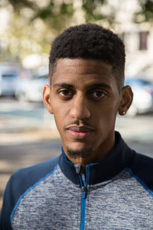A portrait of a young, black athlete in New York City. Shot during the autumn of 2016.の写真素材