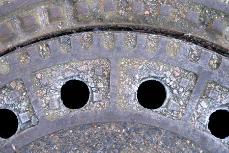 Section of a manhole cover made of steel and concreteの写真素材