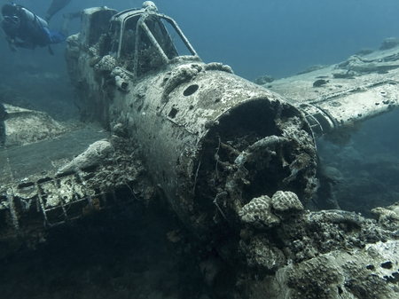 Jake seaplane wreck from World War 2 sits on ocean floor with diver swimming by in Palau.