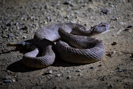 Evening photo of western diamondback rattlesnake coiled on dirt road in close up low angle profile.