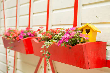 Flowers and a yellow bird house in bright red planters mounted on the side of a white and red building.の写真素材