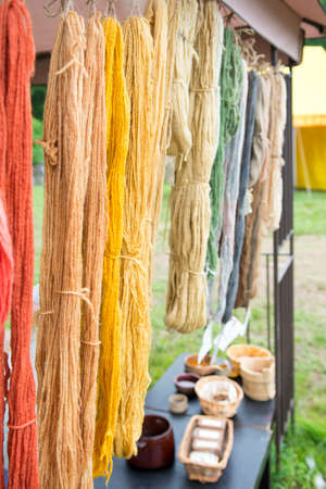 Hand spun wool hanging for sale.の写真素材