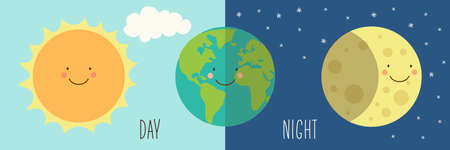 Cute Day and Night with funny smiling cartoon characters of planetsのイラスト素材