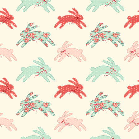 Cute vintage Easter seamless pattern with bunnies as retro fabric patch applique in shabby chic styleのイラスト素材