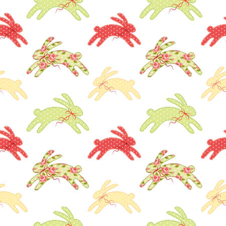 Cute vintage Easter seamless pattern with bunnies as retro fabric patch applique in shabby chic styleのイラスト素材