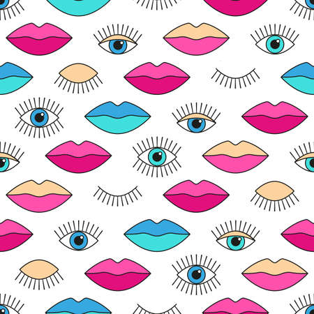 Seamless pattern in 80s style with eyes and lips.のイラスト素材