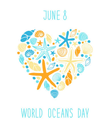 Cute World Oceans Day background with hand drawn shells and starfishes and hand written textのイラスト素材