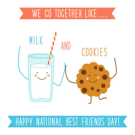 Cute unusual National Best Friends Day card as funny hand drawn cartoon characters and hand written textのイラスト素材