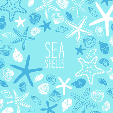 Cute vintage frame with hand drawn shells and starfishes and hand written text Sea Shellsのイラスト素材
