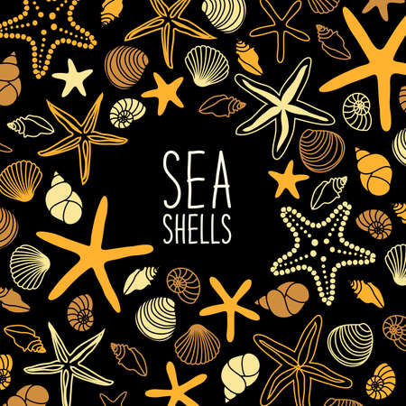 Cute vintage frame with hand drawn shells and starfishes and hand written text Sea Shellsのイラスト素材