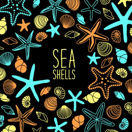 Cute vintage frame with hand drawn shells and starfishes and hand written text Sea Shellsのイラスト素材