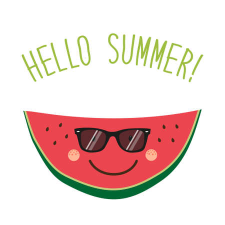 Cute card Hello summer as funny hand drawn cartoon character of watermelonのイラスト素材