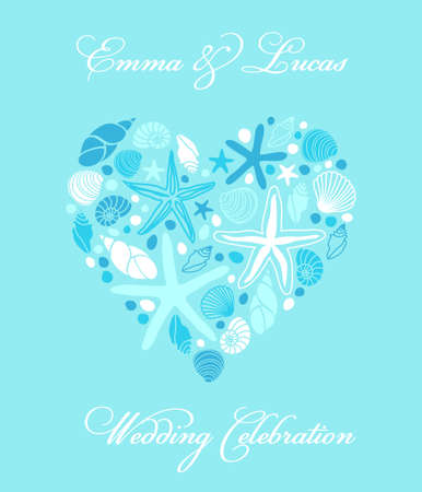 Cute hand drawn shells and starfishes in heart shapeのイラスト素材