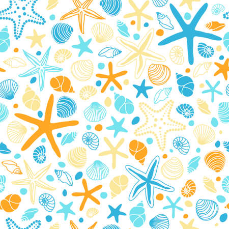 Cute vintage seamless pattern with hand drawn shells and starfishesのイラスト素材
