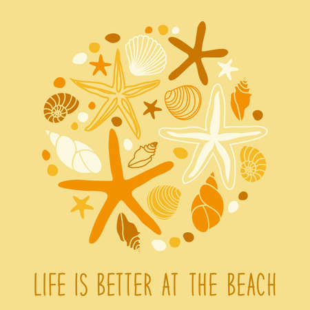 Cute vintage background with hand drawn shells and starfishesのイラスト素材