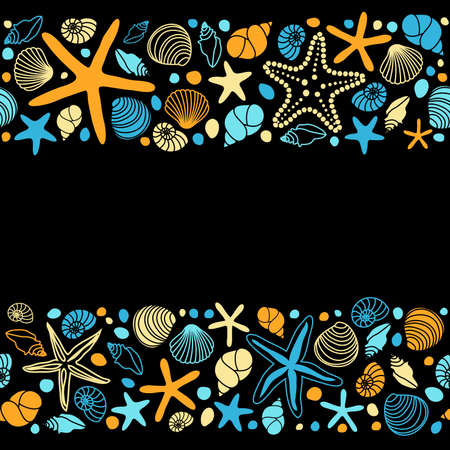 Cute summer background with different shells and starfishes as seamless bordersのイラスト素材