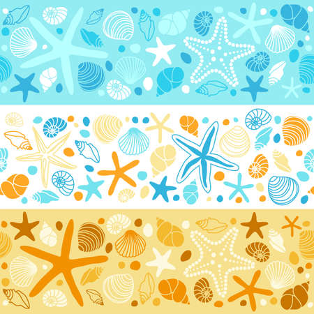 Cute summer background with different shells and starfishes as seamless bordersのイラスト素材